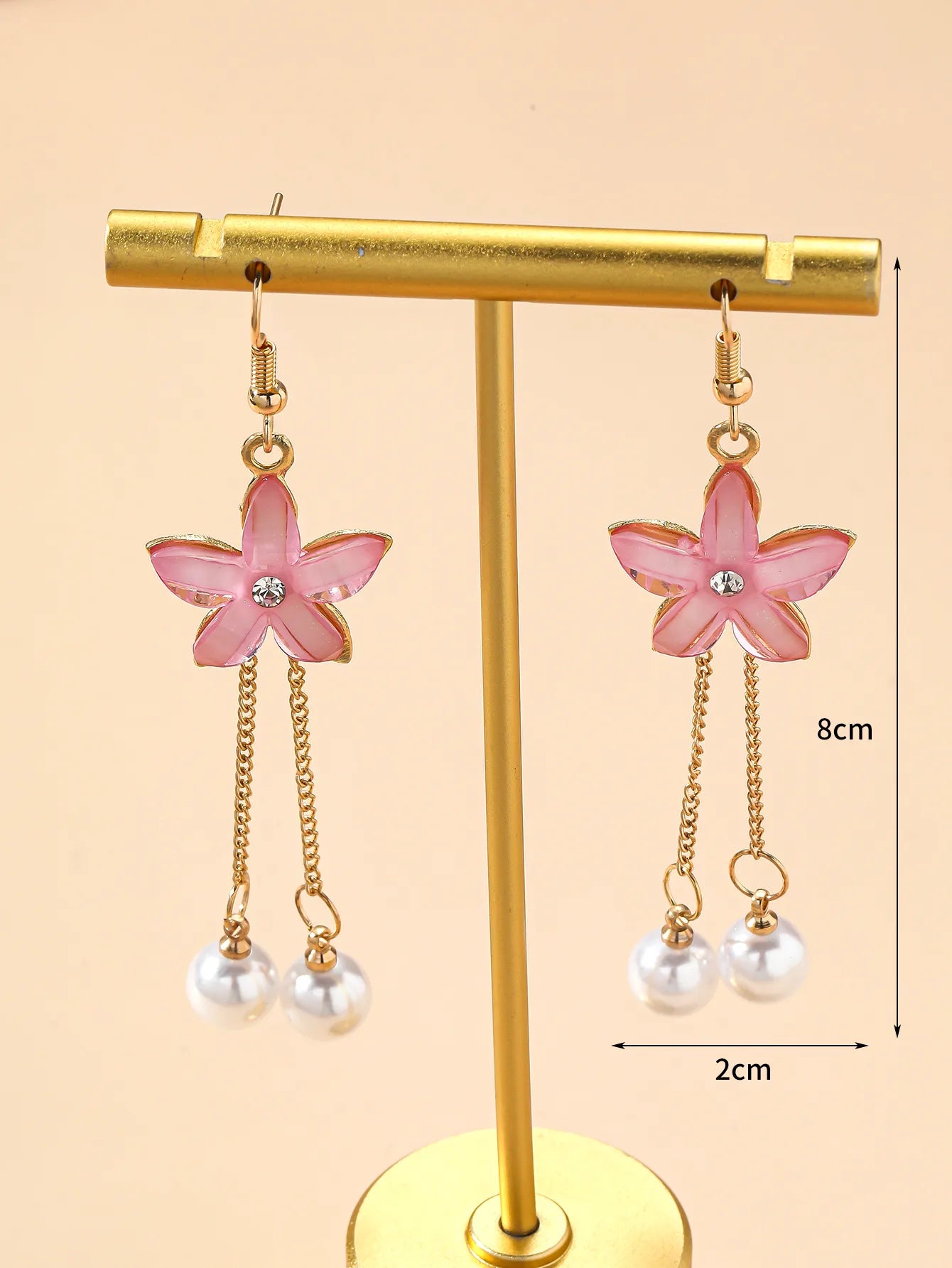 1- Boho Ethnic Flower Dangler Earrings - Pink(Faux Pearl and Gold Chain)