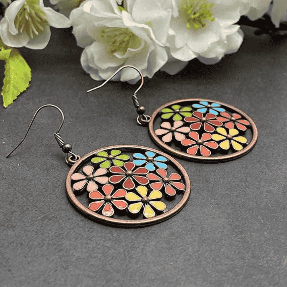 1- Pastel Floral Hoop Earrings - Boho Metal Earrings