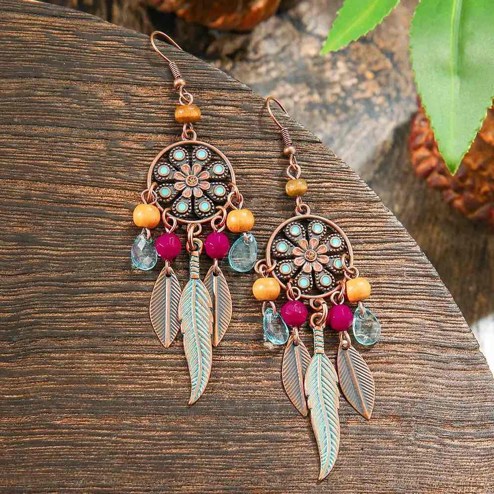 Premium Boho - Oxidized Chandelier Earrings - Feather and Beaded Earrings