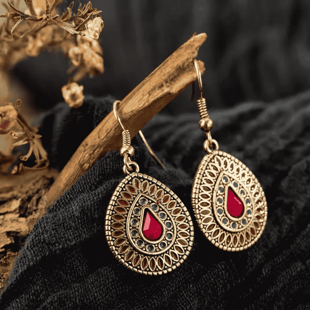 Premium | Wine Red & Ocean Blue - Antique Teardrop Earrings - Ethnic