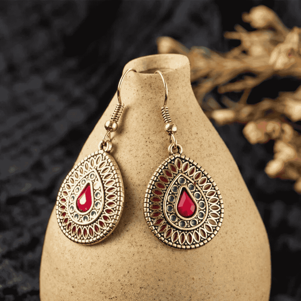 Premium | Wine Red & Ocean Blue - Antique Teardrop Earrings - Ethnic