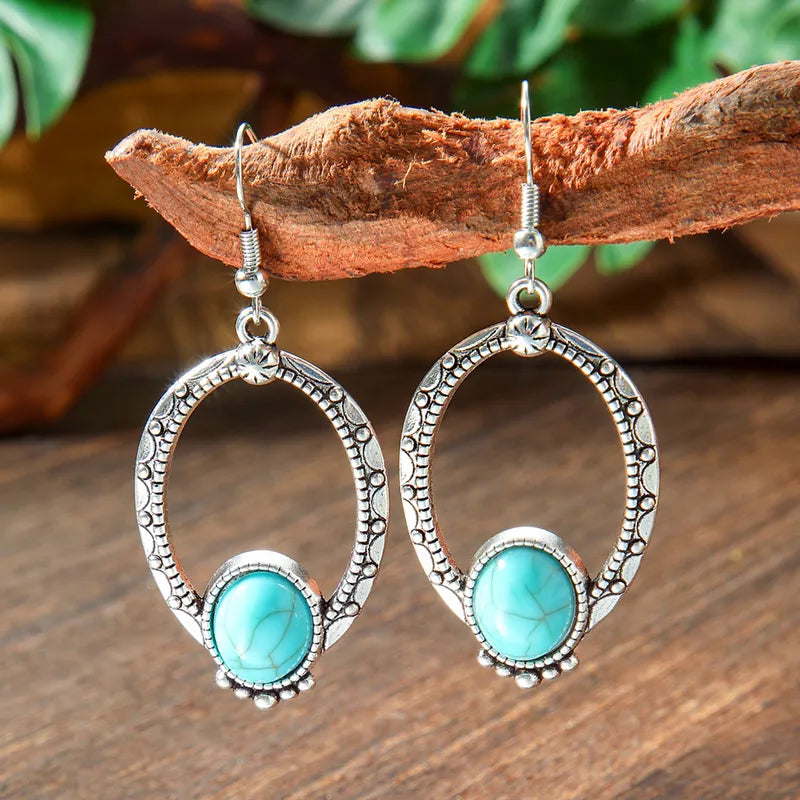1-Antique Finish Ethnic Drop Earrings - Metal Turquoise Bead Drops