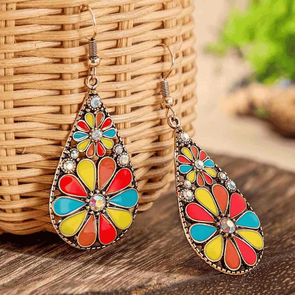 1- Colorful Metal Floral Drop Earrings - Teardrop Earrings for Women