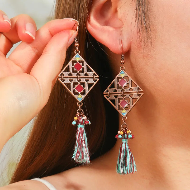 1- Boho Oxidized Earrings - Copper and Tassel Earrings