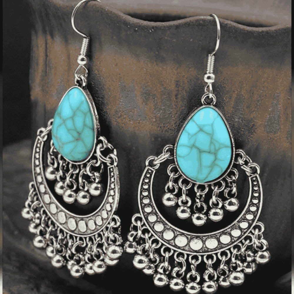 1- Tribal Treasure Oxidized Metal Jhumkas - Metal & Turquoise Earrings