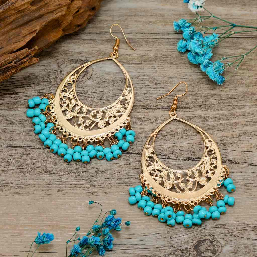 Ethnic gold earrings with turquoise thread buying tassels