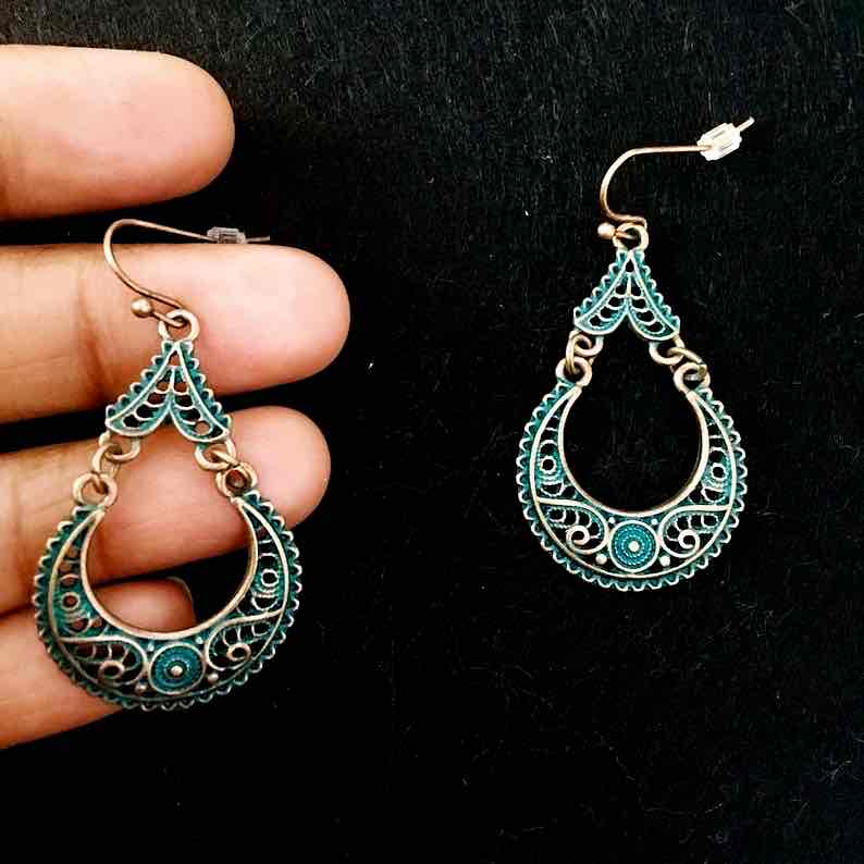 Detailed view of the blue oxidised dangle earring showing full design and antique finish | Zuzu's Trove
