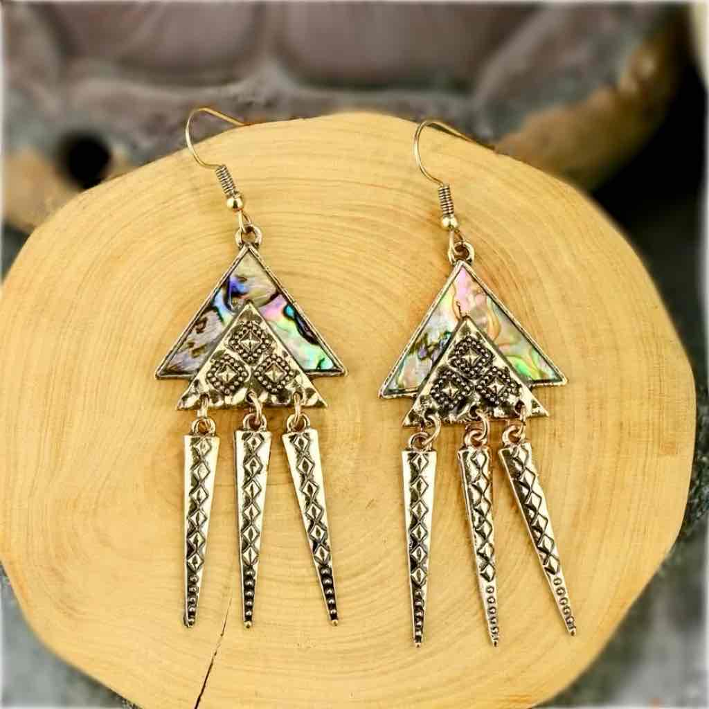 Close-up of the iridescent abalone shell and textured spike drops on long oxidised earrings | Zuzu's Trove