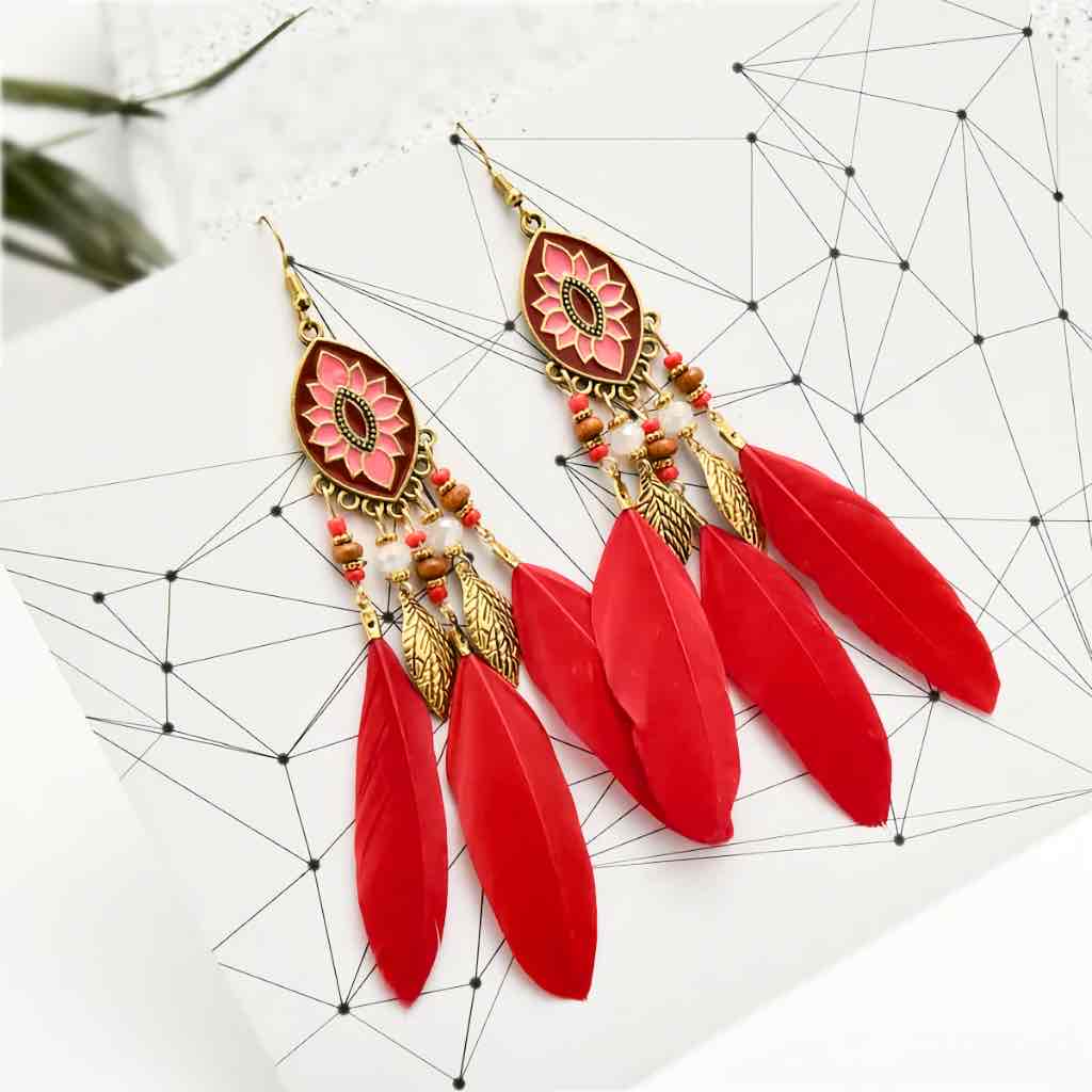 Premium | Red Bohemian Feather Earrings - Style 1