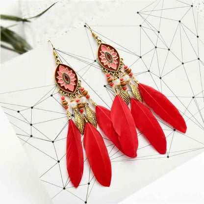 Premium | Red Bohemian Feather Earrings - Style 1