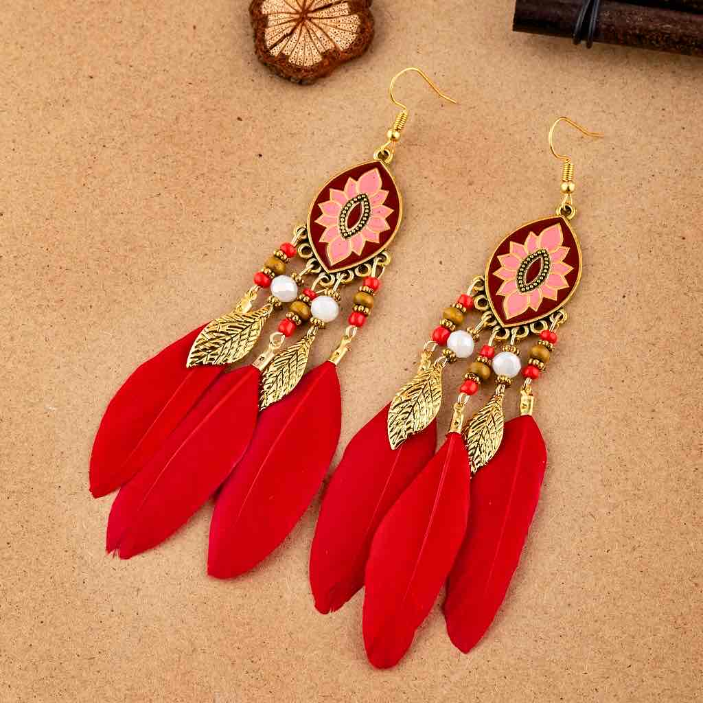 Premium | Red Bohemian Feather Earrings - Style 1