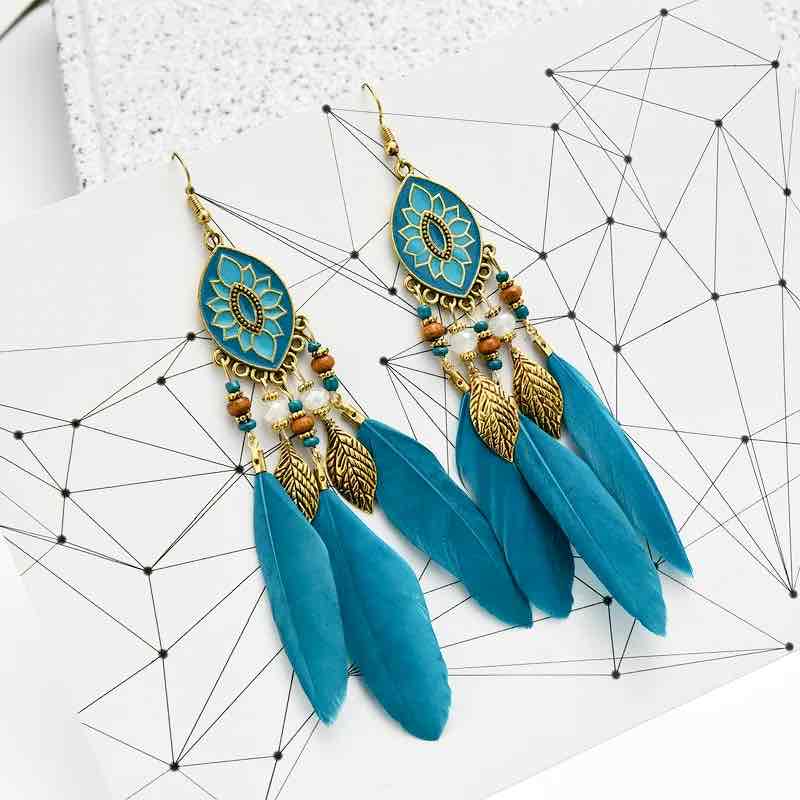 Premium | Blue Bohemian Feather Earrings - Style 1