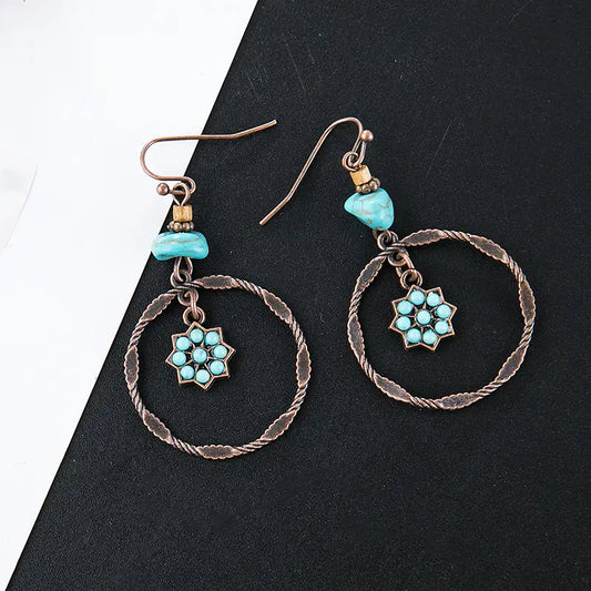 Blue flower hoop Earrings-Western Earrings