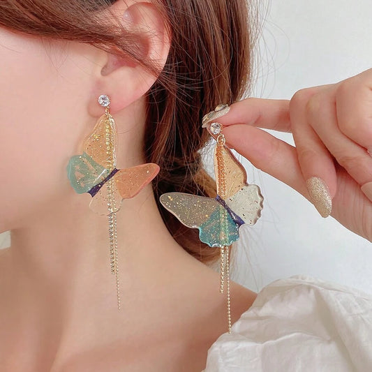 Butterfly Earrings-Orange Earrings-Gold Chain Earrings