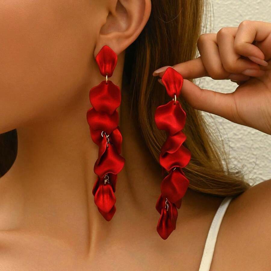 Luxury Series | Korean Long Drop Statement Earrings - Red