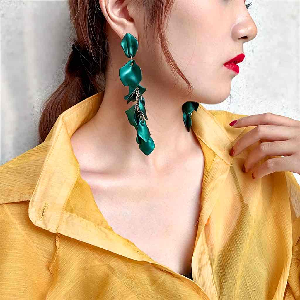 Luxury Series | Korean Long Drop Statement Earrings - Blue Green