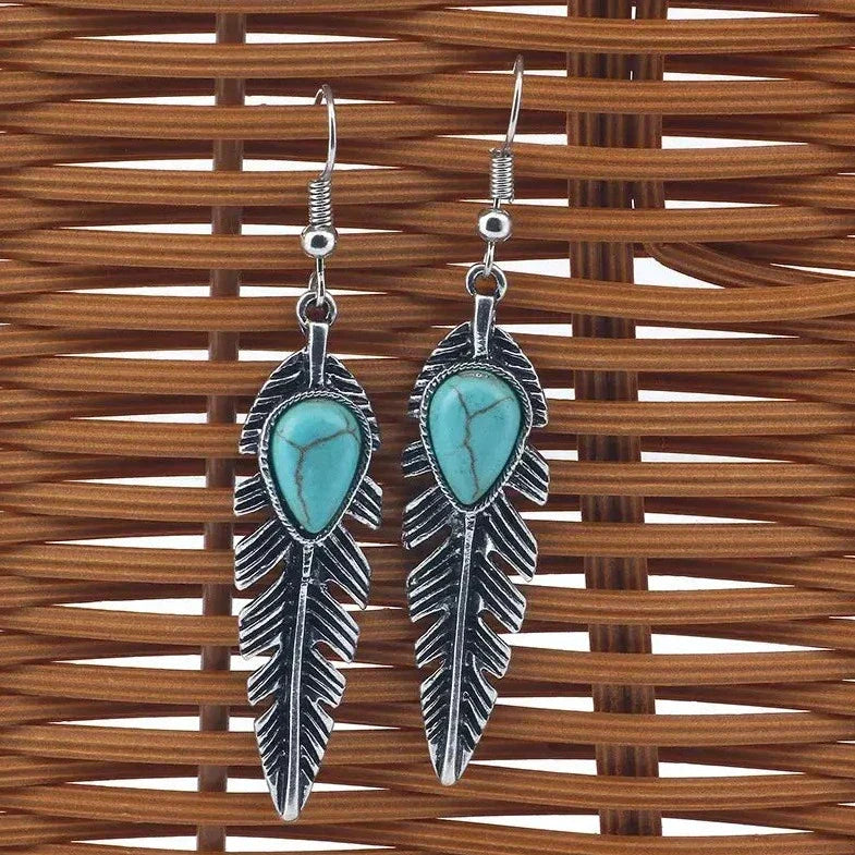 Boho Turquoise Leaf Oxidised Silver Earrings