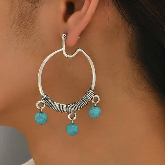 Boho Silver Turquoise Hoop Earrings