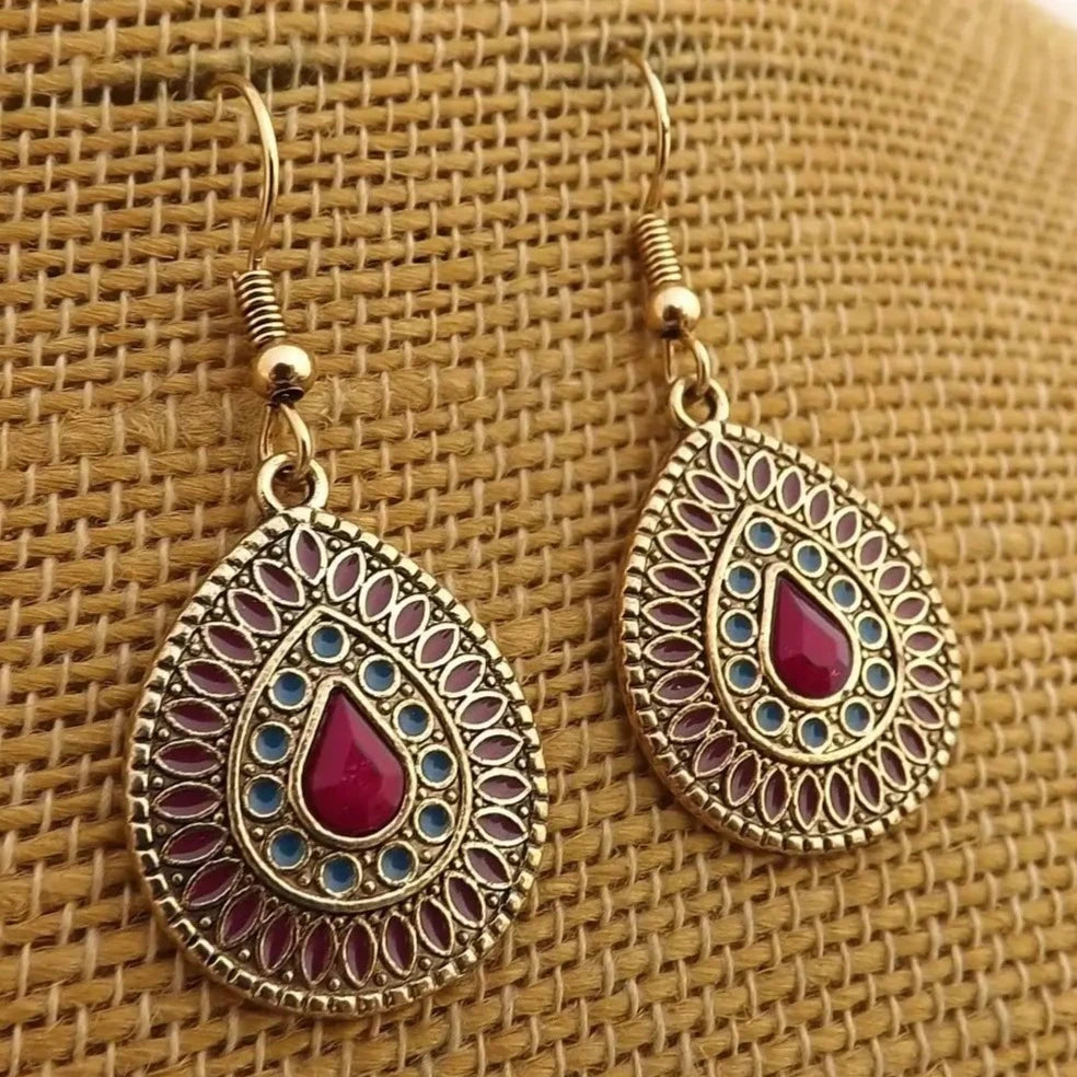 Premium | Wine Red & Ocean Blue - Antique Teardrop Earrings - Ethnic