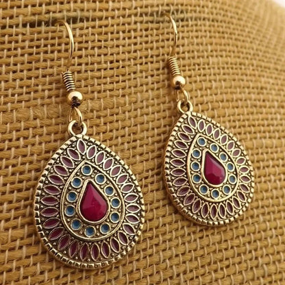 Premium | Wine Red & Ocean Blue - Antique Teardrop Earrings - Ethnic