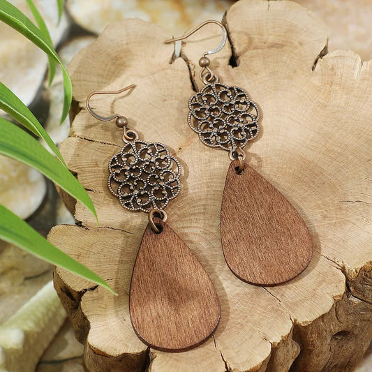 1- Boho Wooden Earrings - Teardrop Copper Dangle Earrings