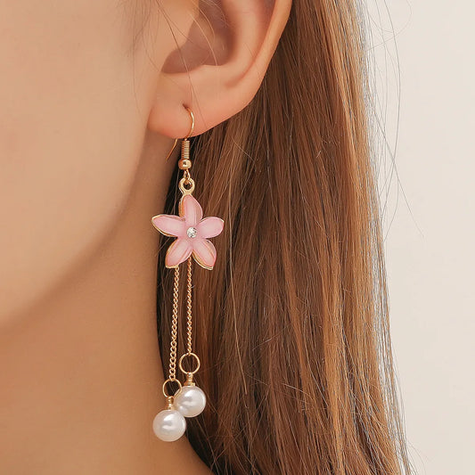 1- Boho Ethnic Flower Dangler Earrings - Pink(Faux Pearl and Gold Chain)
