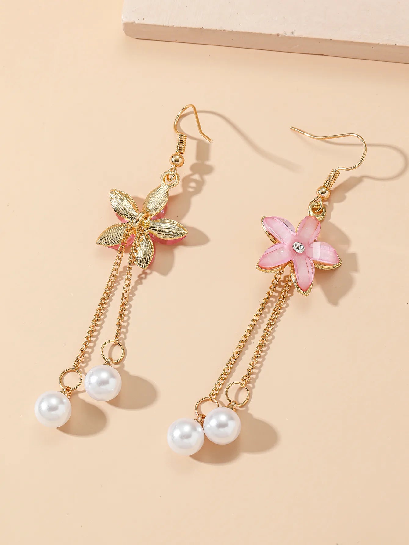 1- Boho Ethnic Flower Dangler Earrings - Pink(Faux Pearl and Gold Chain)