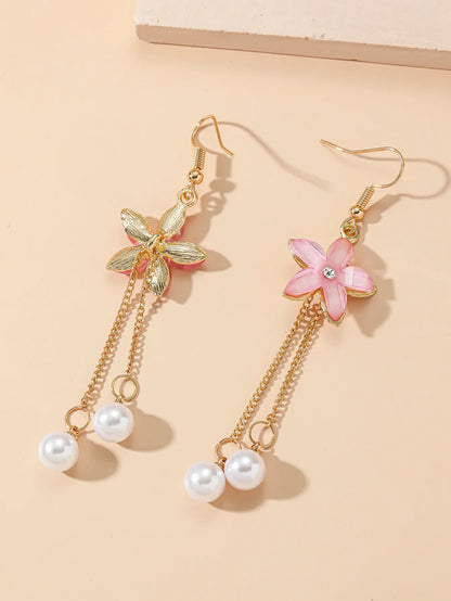 1- Boho Ethnic Flower Dangler Earrings - Pink(Faux Pearl and Gold Chain)