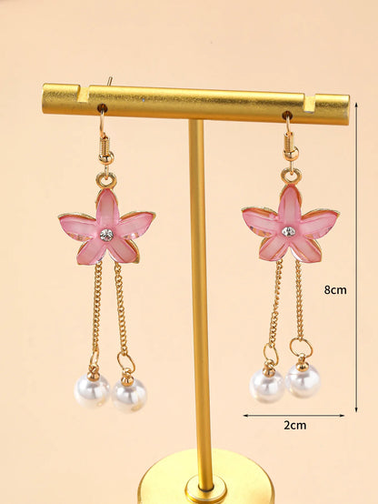 1- Boho Ethnic Flower Dangler Earrings - Pink(Faux Pearl and Gold Chain)