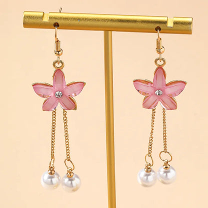1- Boho Ethnic Flower Dangler Earrings - Pink(Faux Pearl and Gold Chain)