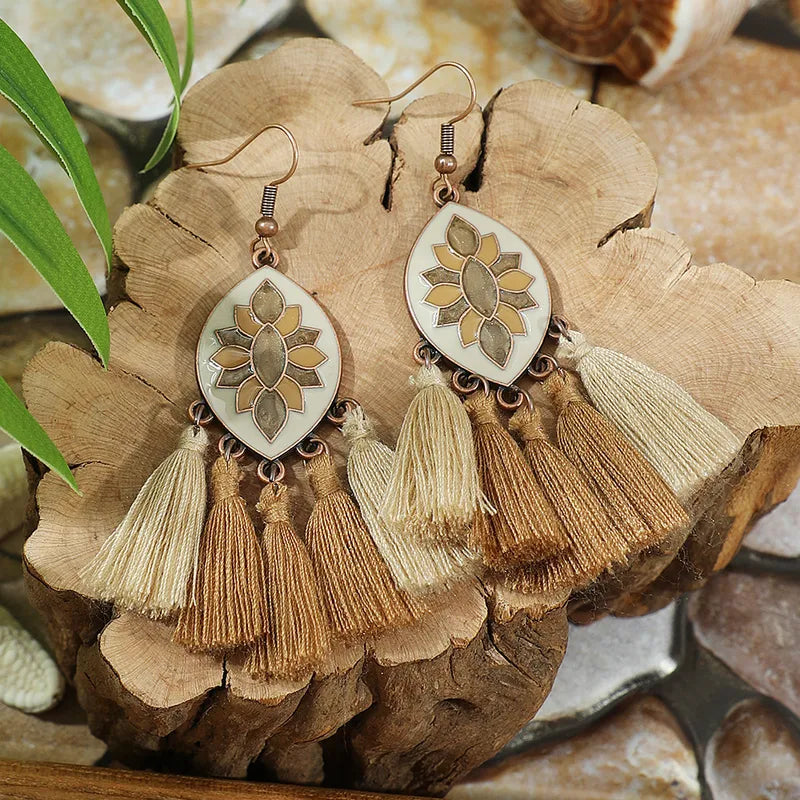 1- Boho Beige Tassel Earrings - Statement Threader Earrings