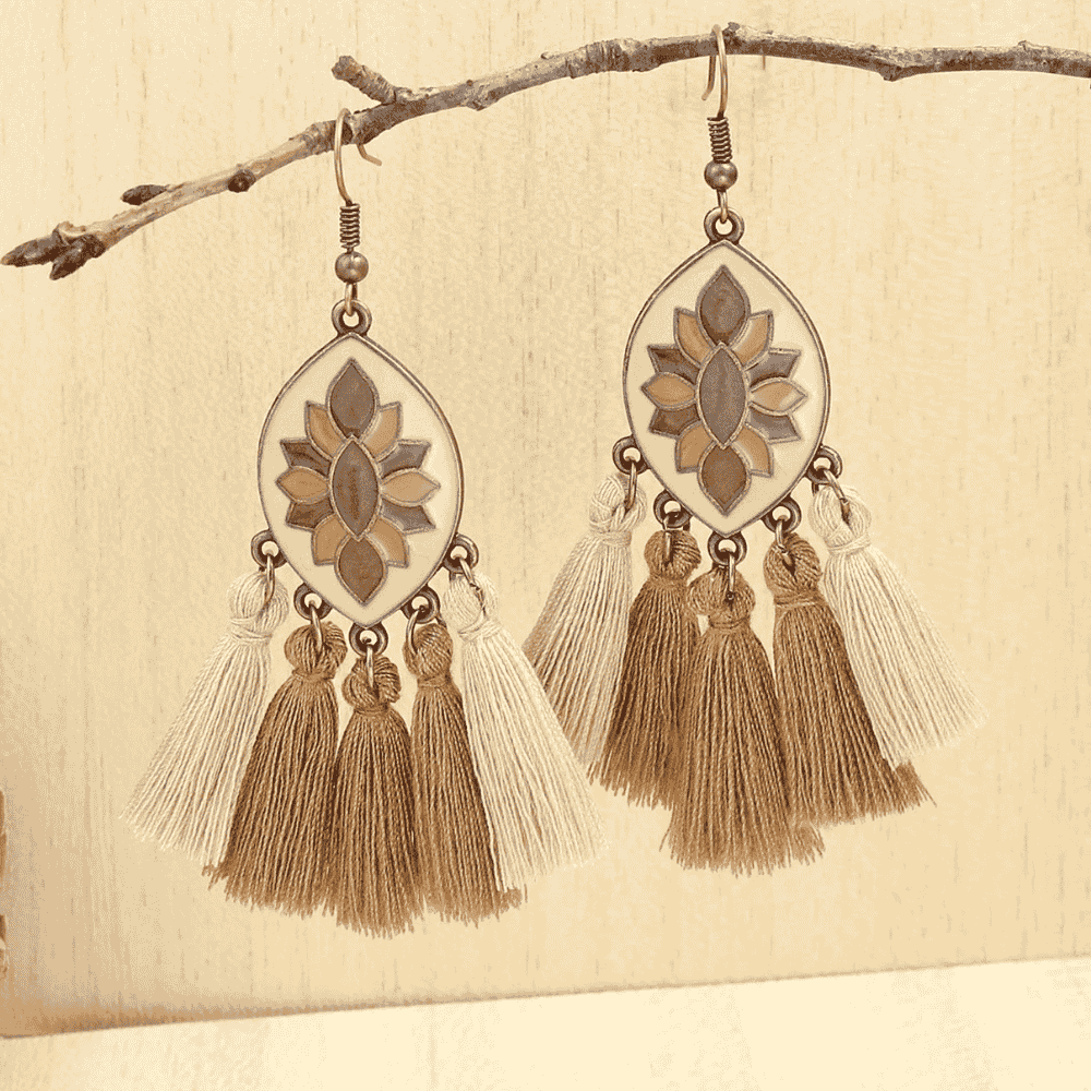 1- Boho Beige Tassel Earrings - Statement Threader Earrings