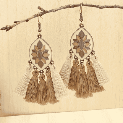 1- Boho Beige Tassel Earrings - Statement Threader Earrings
