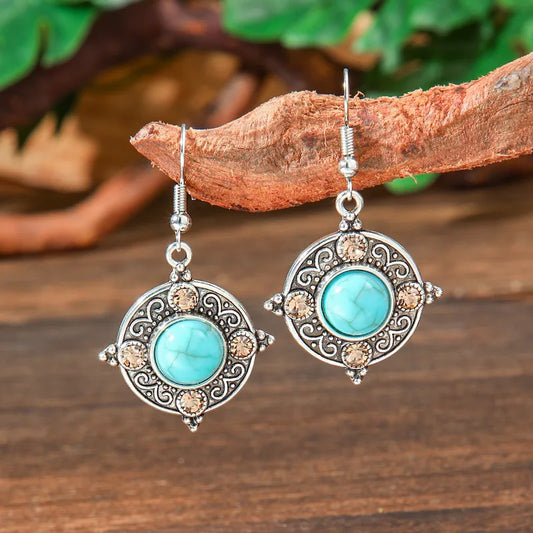 1-Metal dangle earrings - Rustic Metal Turquoise Bead Drops