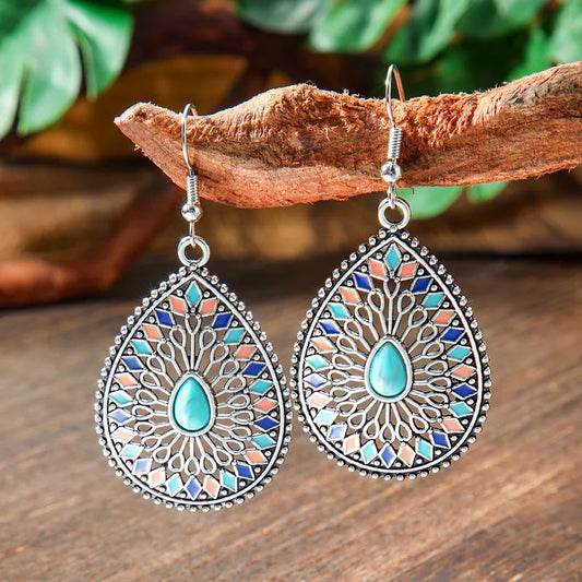1- Rustic Turquoise Ethnic Drop Earrings - Waterdrop Metal Earrings
