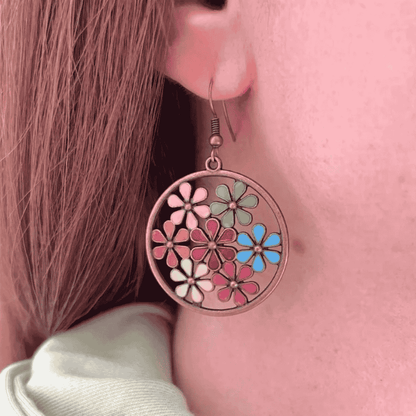 1- Pastel Floral Hoop Earrings - Boho Metal Earrings
