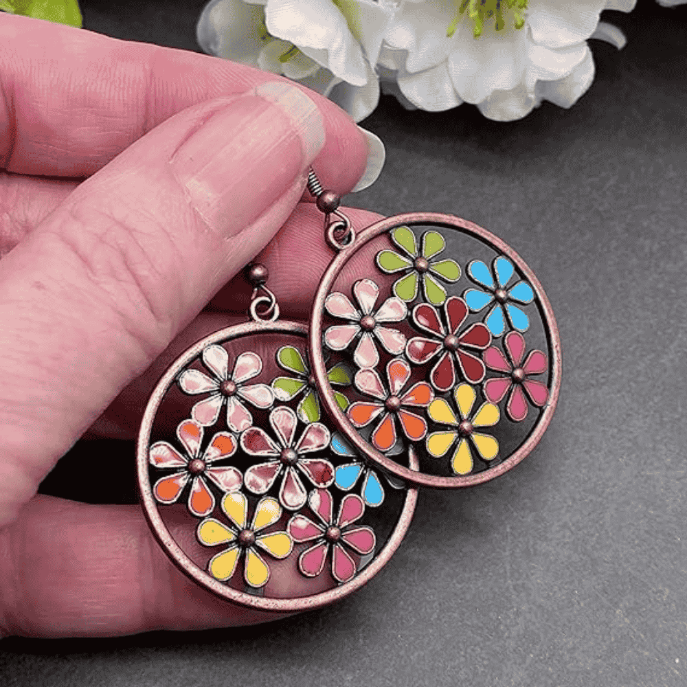 1- Pastel Floral Hoop Earrings - Boho Metal Earrings