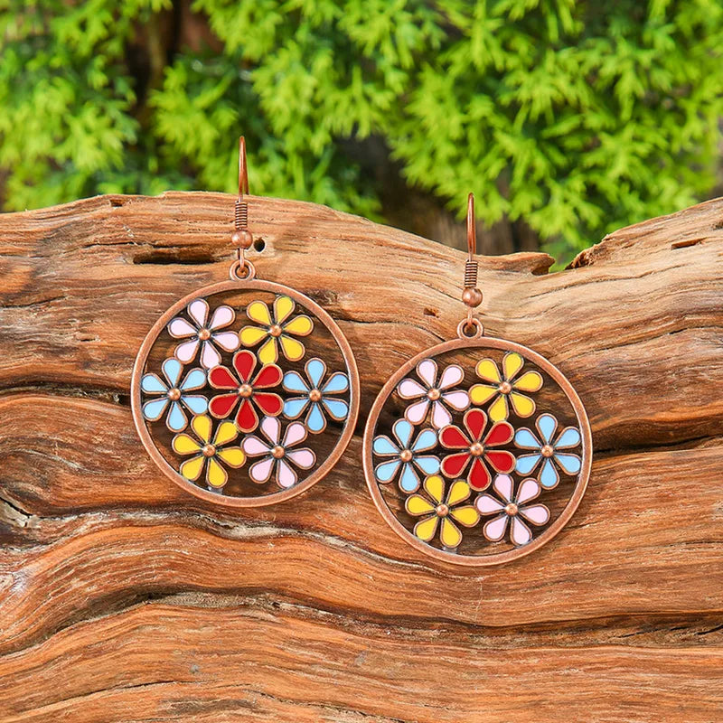 1- Bright Floral Hoop Earrings - Boho Metal Earrings
