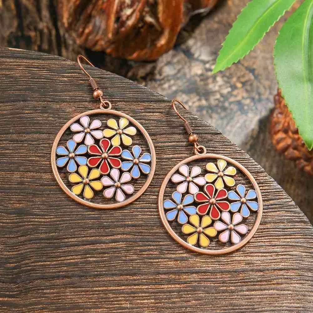 1- Bright Floral Hoop Earrings - Boho Metal Earrings