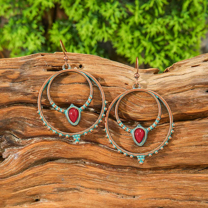 1- Oxidized Copper Hoop Earrings - Red Ruby Stone Boho Earrings