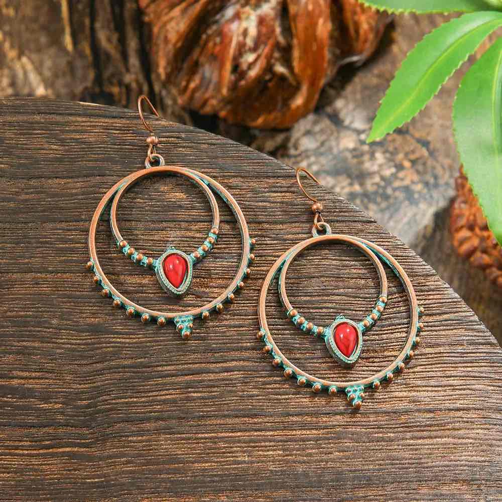 1- Oxidized Copper Hoop Earrings - Red Ruby Stone Boho Earrings