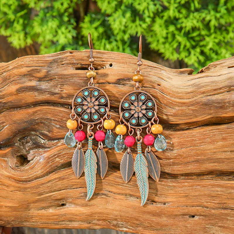 Premium Boho - Oxidized Chandelier Earrings - Feather and Beaded Earrings
