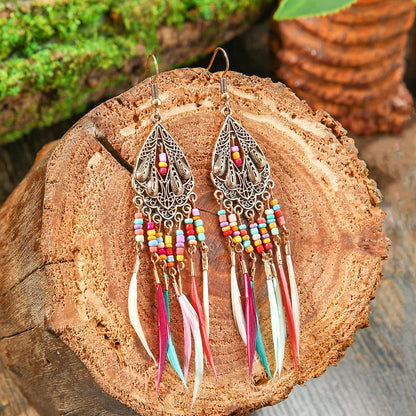 Premium Colorful Boho Long Earrings - Chandelier Beaded and Feather Earrings