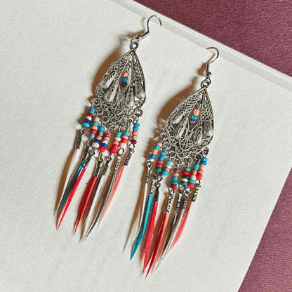 Premium Colorful Boho Long Earrings - Chandelier Beaded and Feather Earrings