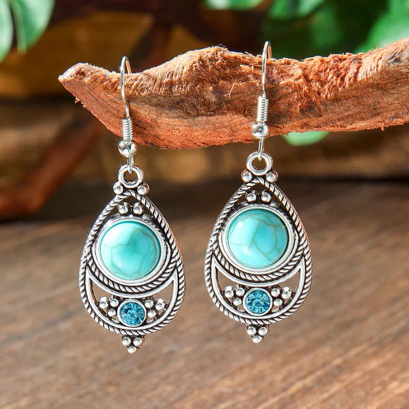 1-Desi Chic Oxidized Metal Earrings - Turquoise Dangle Earrings