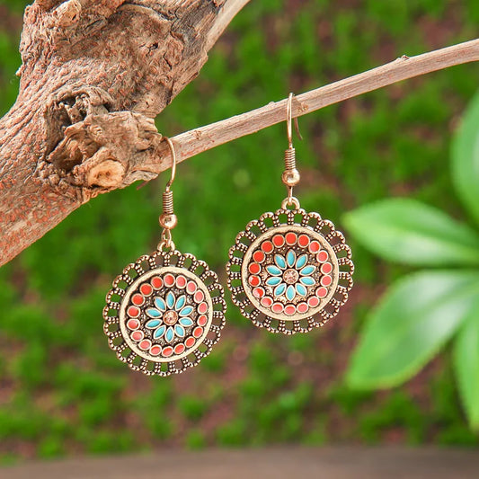 1- Boho Colorful Spiral Round Earrings - Floral Metal Earrings