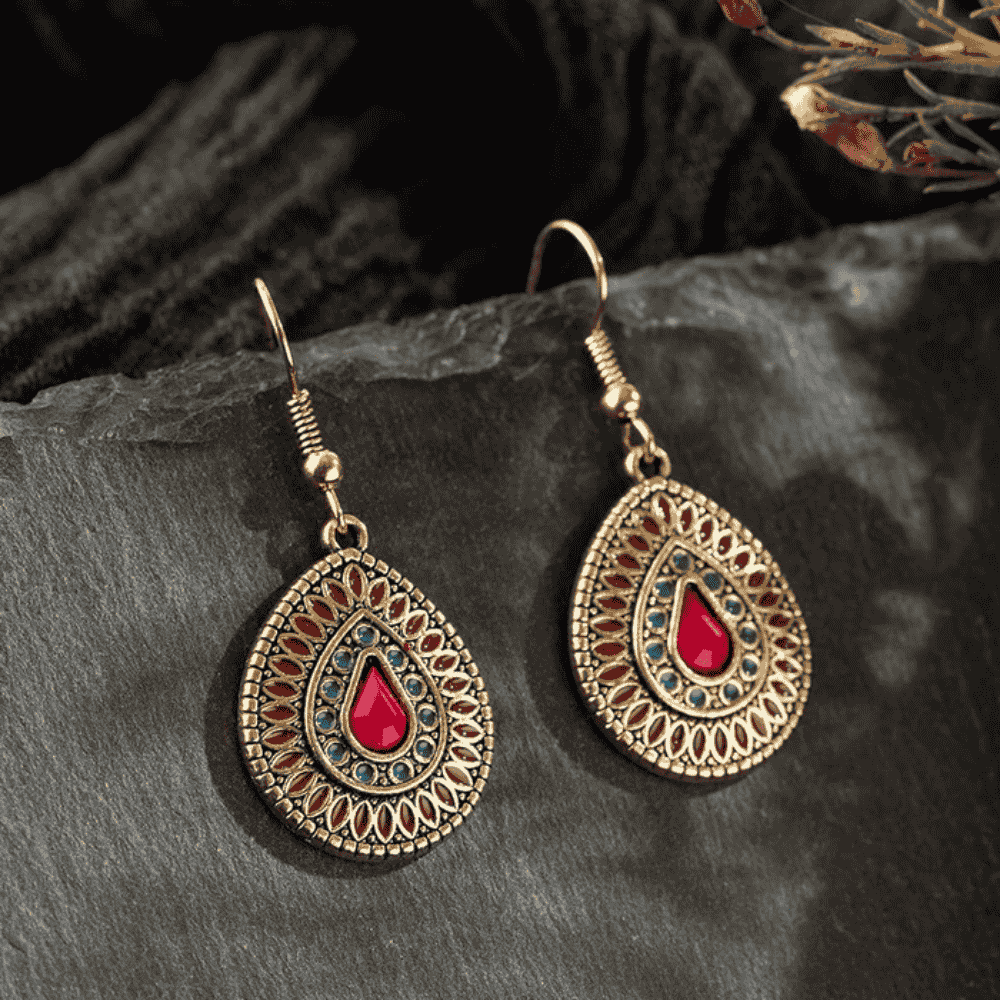 Premium | Wine Red & Ocean Blue - Antique Teardrop Earrings - Ethnic