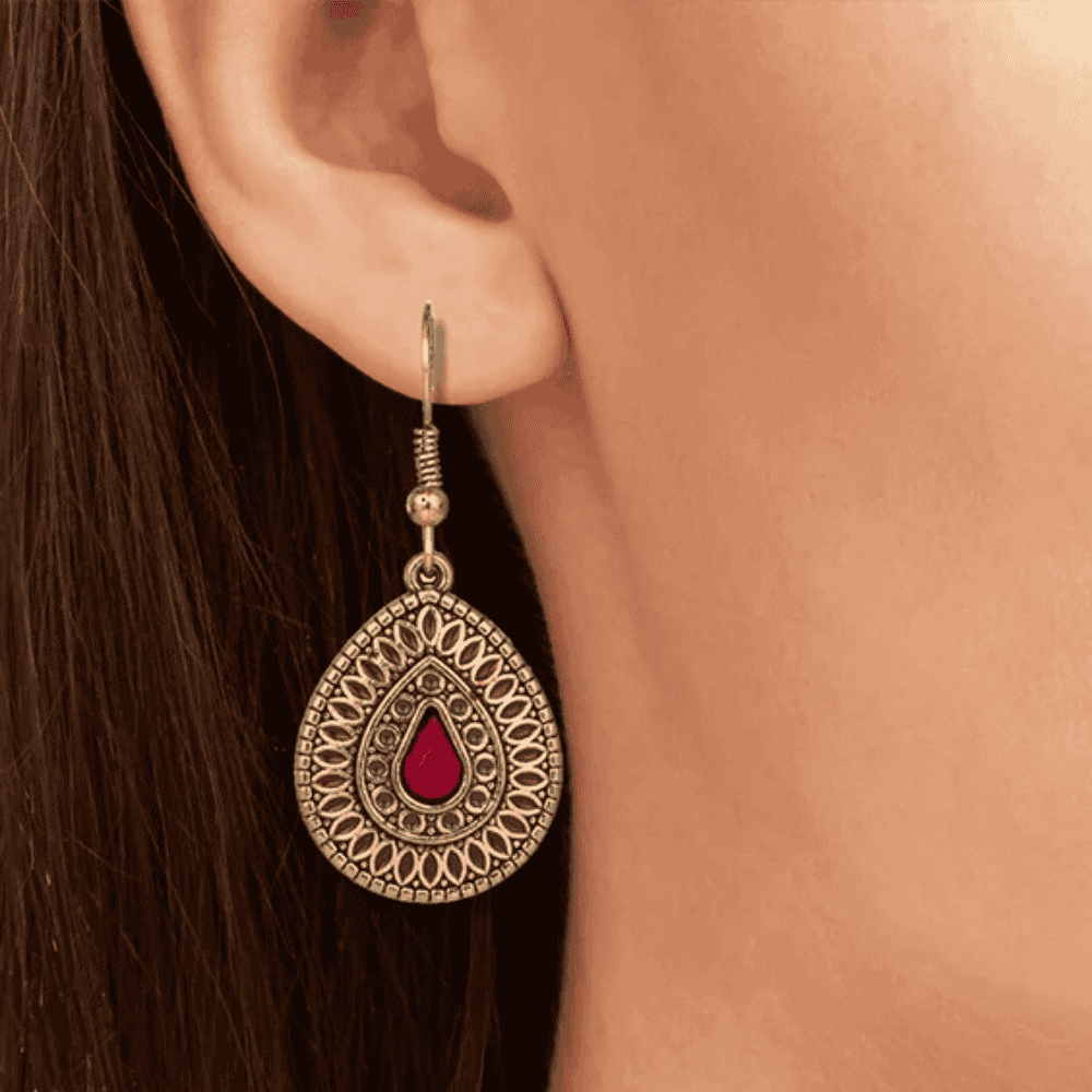 Premium | Wine Red & Ocean Blue - Antique Teardrop Earrings - Ethnic