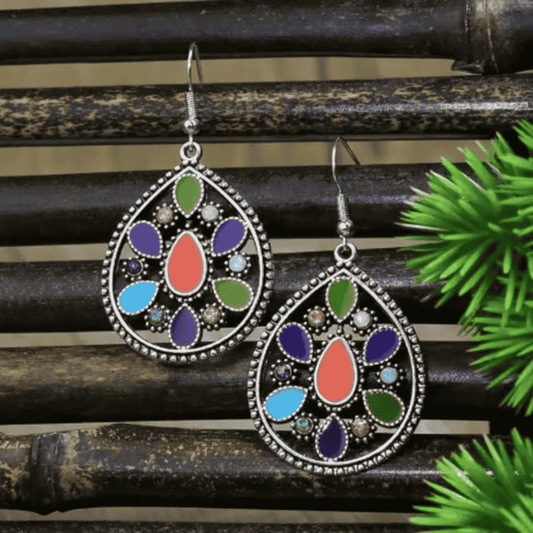 1- Boho Oxidized Colorful Earrings - Metal Teardrop Earrings
