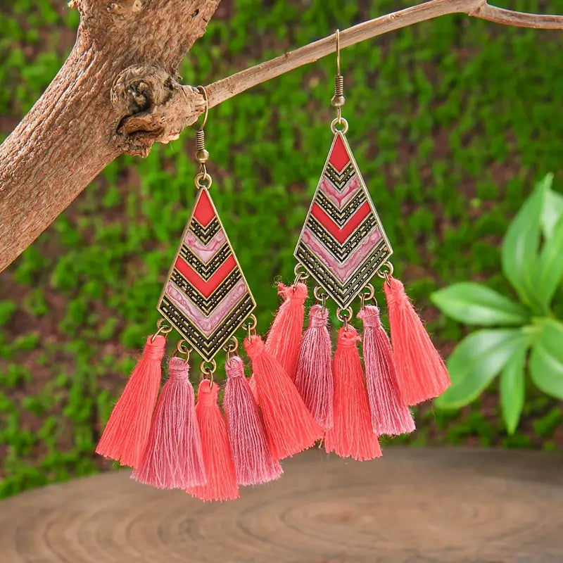 Twist & Tassel Metal Drop Earrings - Handcrafted Boho Earrings (Red)